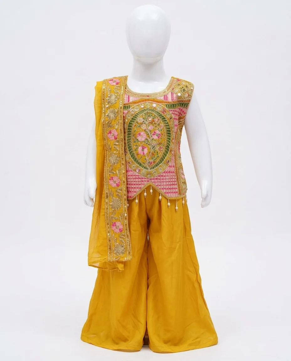 Radiant Mustard Floral Embroidered Kids Sharara Set