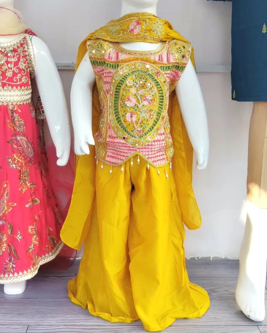Radiant Mustard Floral Embroidered Kids Sharara Set