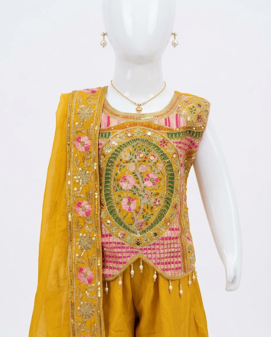 Radiant Mustard Floral Embroidered Kids Sharara Set