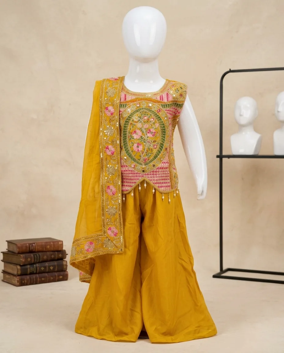 Radiant Mustard Floral Embroidered Kids Sharara Set