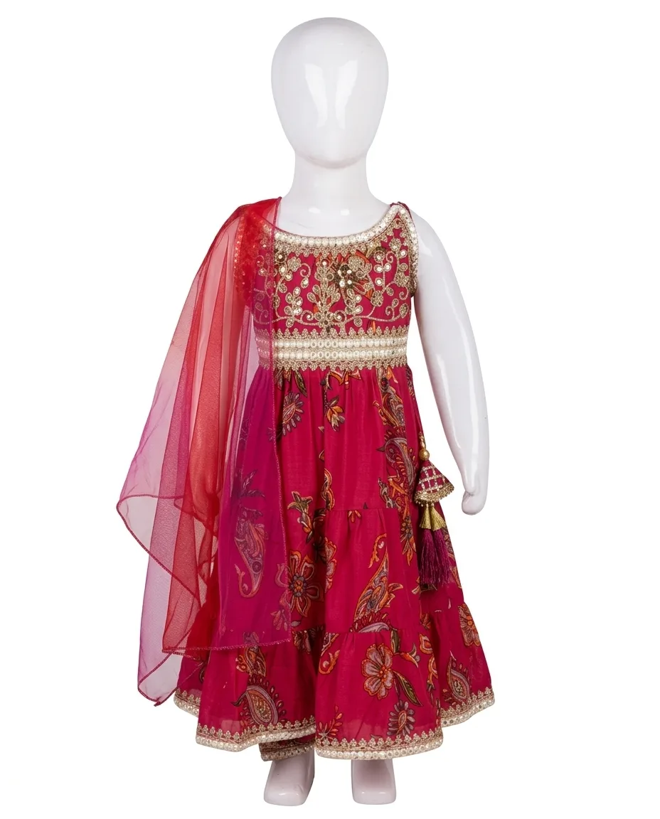 Exquisite Fuchsia Pink Kids Anarkali Kurta & Sharara Set