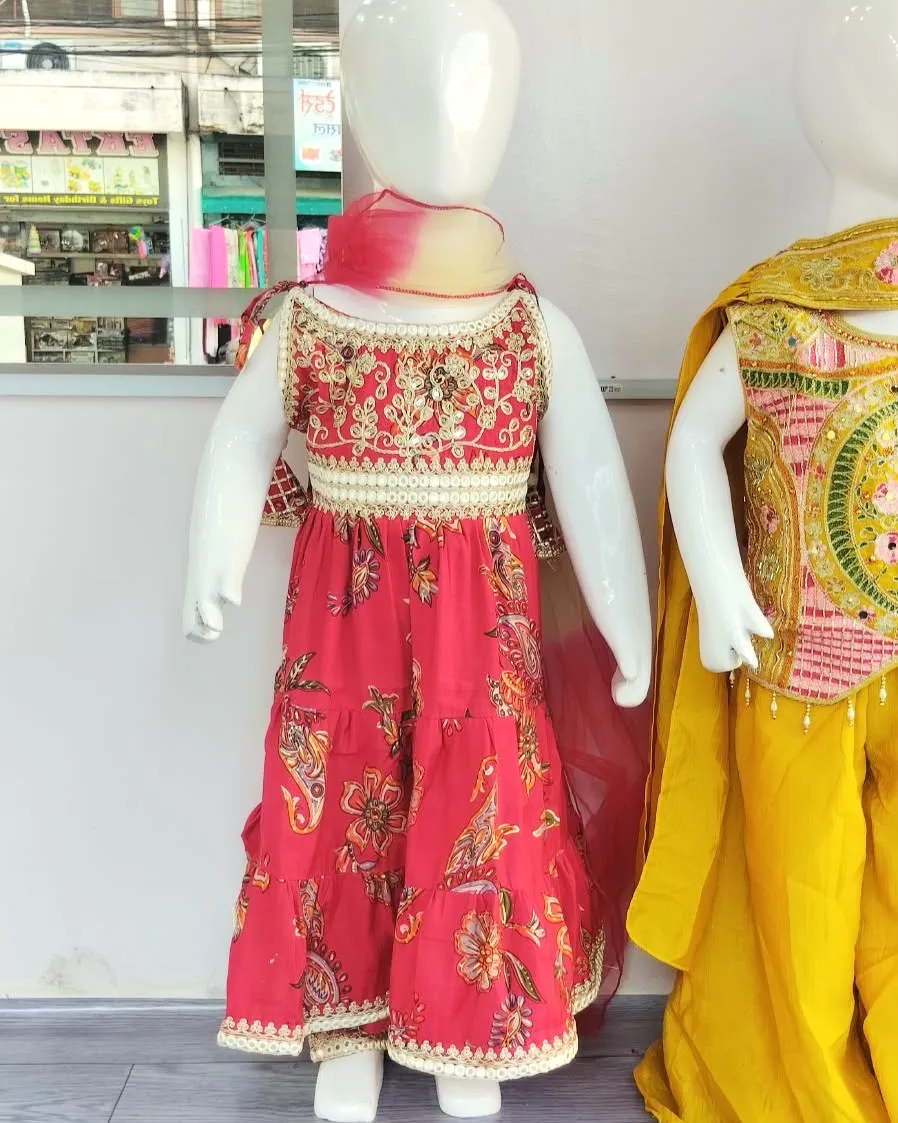 Exquisite Fuchsia Pink Kids Anarkali Kurta & Sharara Set