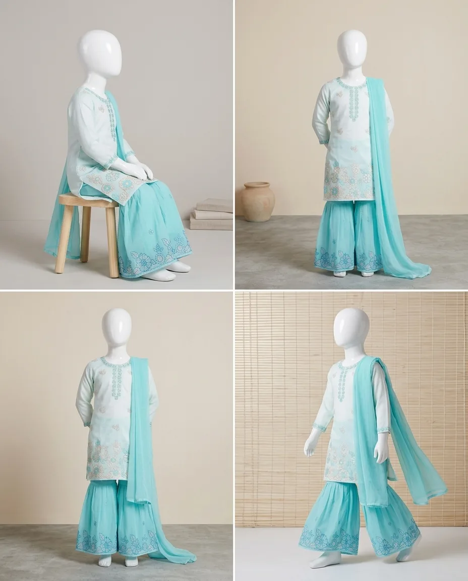 Graceful Aqua & White Embroidered Sharara Suit Set for Women and Kids