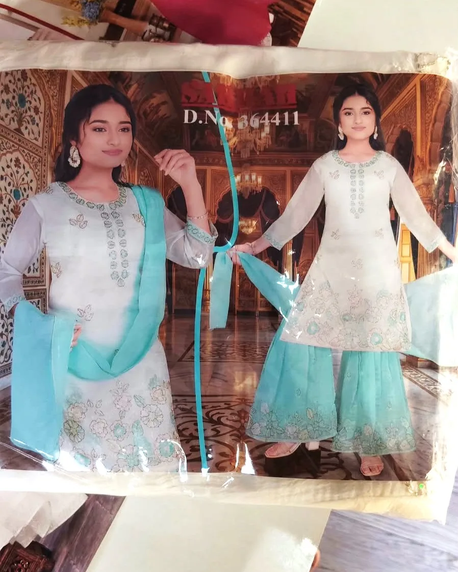 Graceful Aqua & White Embroidered Sharara Suit Set for Women and Kids