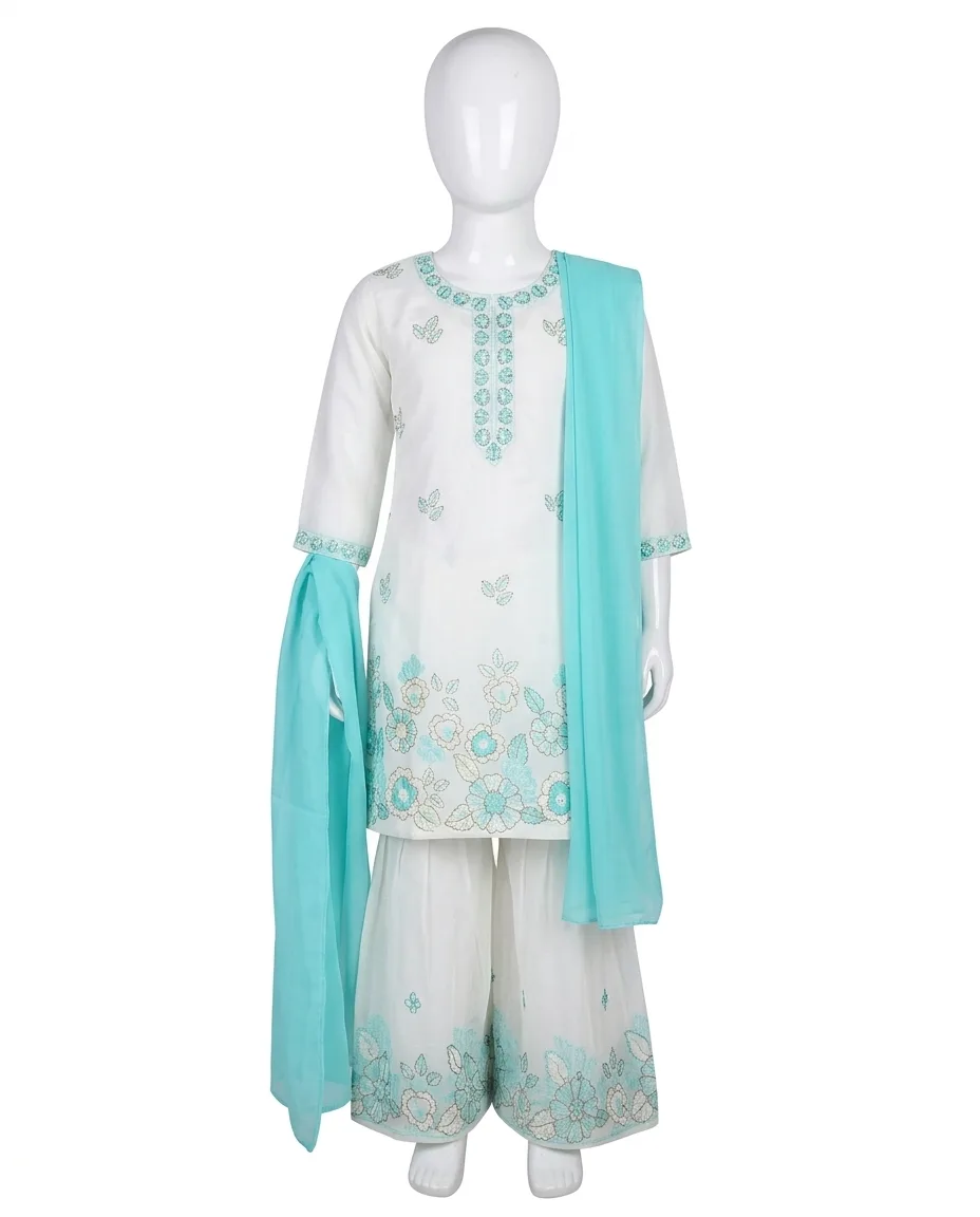 Graceful Aqua & White Embroidered Sharara Suit Set for Women and Kids