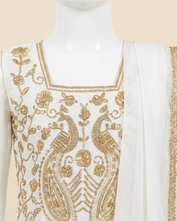 Exquisite Gold Zardozi Embroidered White Kurti Sharara Set for Kids