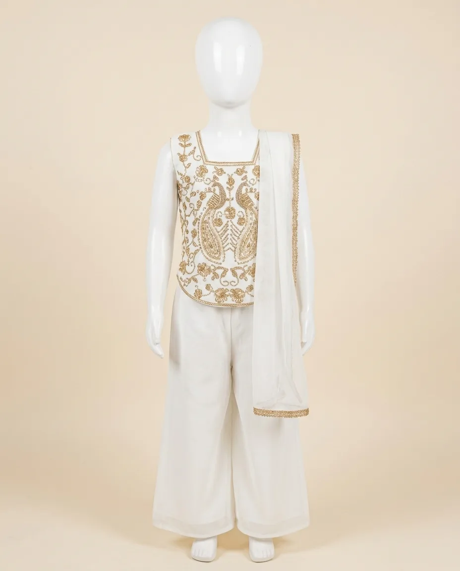 Exquisite Gold Zardozi Embroidered White Kurti Sharara Set for Kids