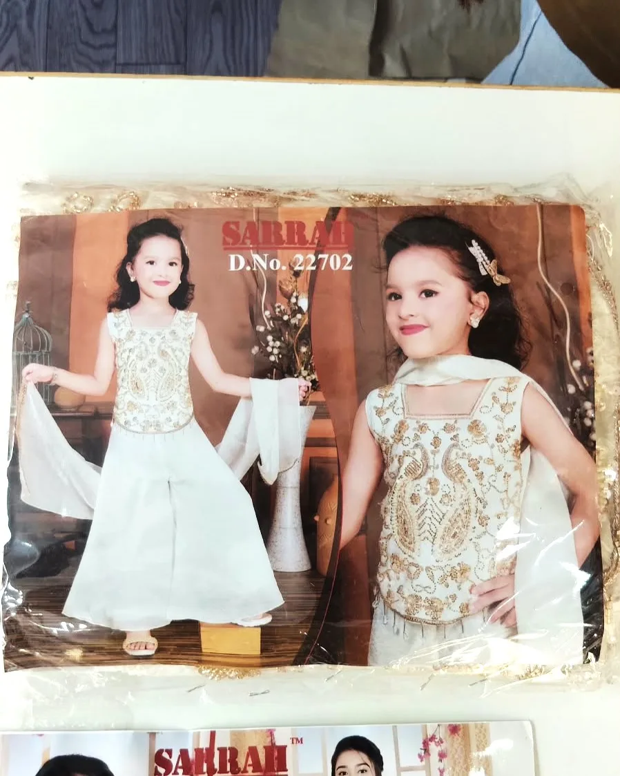 Exquisite Gold Zardozi Embroidered White Kurti Sharara Set for Kids