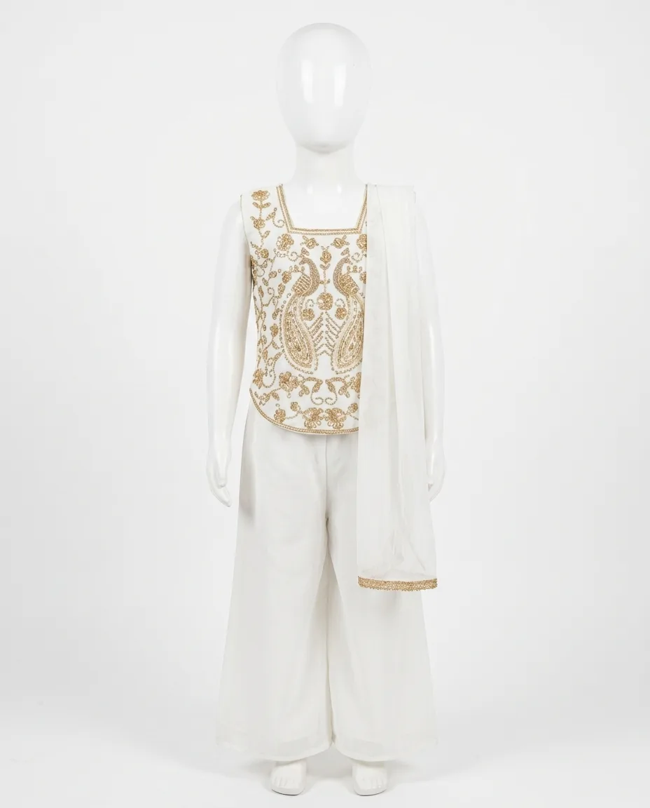 Exquisite Gold Zardozi Embroidered White Kurti Sharara Set for Kids