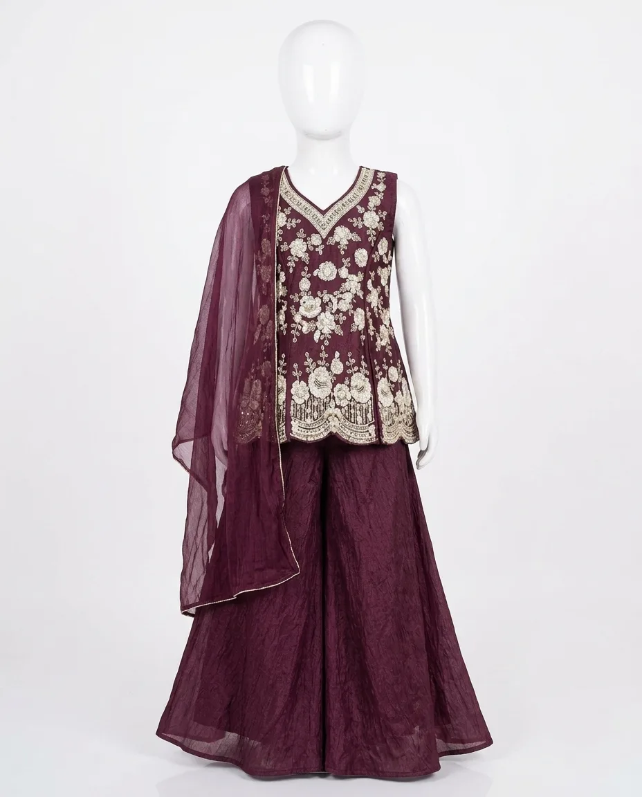 Stunning Wine Floral Zari Embroidered Kids Sharara Set