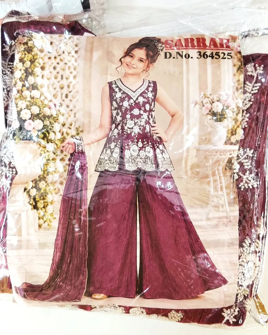 Stunning Wine Floral Zari Embroidered Kids Sharara Set