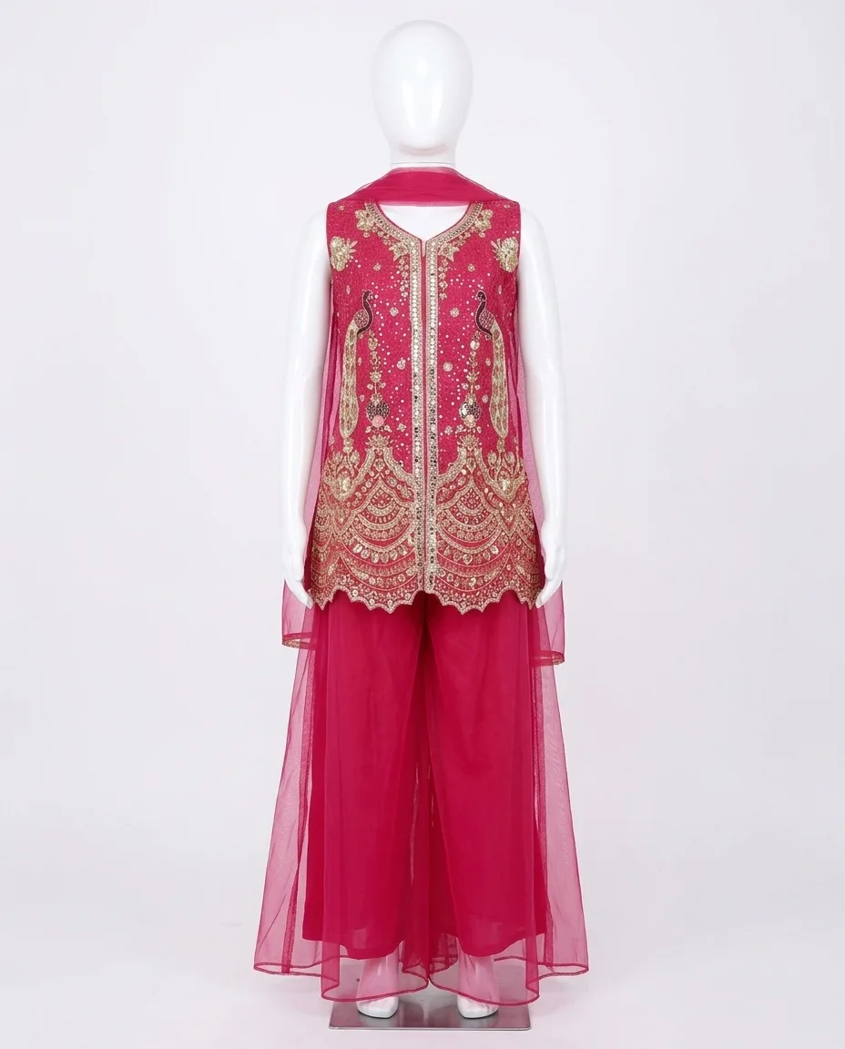 Vibrant Rani Pink Zari Embroidered Kids Sharara Suit Set