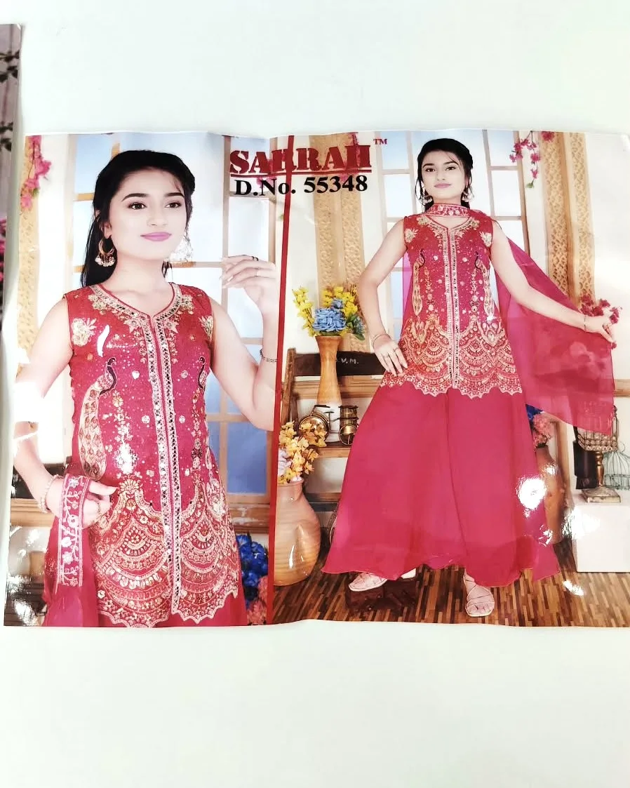 Vibrant Rani Pink Zari Embroidered Kids Sharara Suit Set