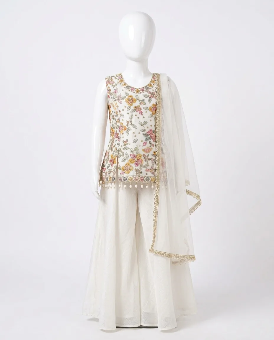 Cream Floral Embroidered Sequinned Silk Crepe Palazzo Set for Girls
