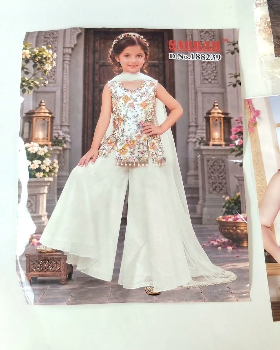 Cream Floral Embroidered Sequinned Silk Crepe Palazzo Set for Girls
